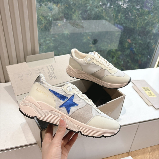RUNNING SOLE SNEAKERS IN WHITE MESH, BEIGE SUEDE AND CALFSKIN WITH BLUE STAR