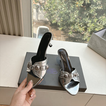 CAGOLE MID-HEEL MULES IN SILVER METALLIC CALFSKIN