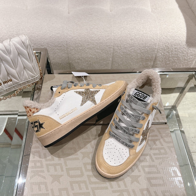 BALL STAR SNEAKERS WITH GLITTER STAR IN WHITE CALFSKIN AND BROWN SUEDE