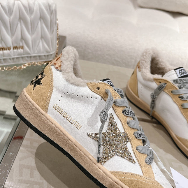 BALL STAR SNEAKERS WITH GLITTER STAR IN WHITE CALFSKIN AND BROWN SUEDE