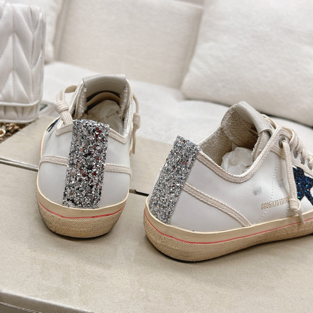 V-STAR SNEAKERS WHITE CALFSKIN WITH BLACK GLITTER STAR