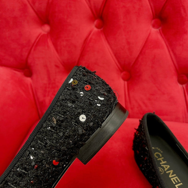 ballet flat black gold tweed metal calfskin