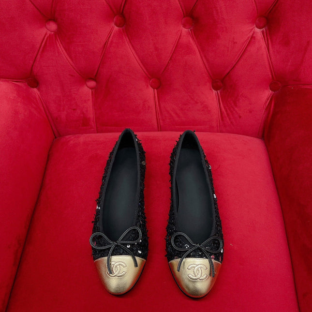 ballet flat black gold tweed metal calfskin