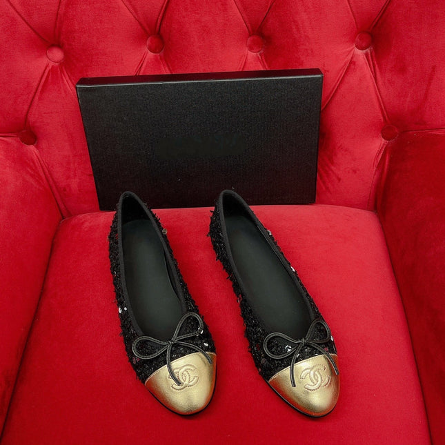ballet flat black gold tweed metal calfskin