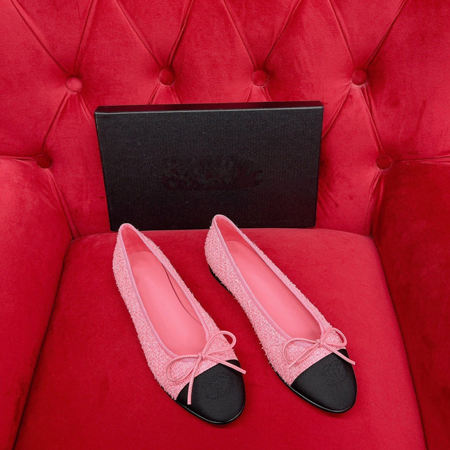 ballet flat pink black tweed grosgrain