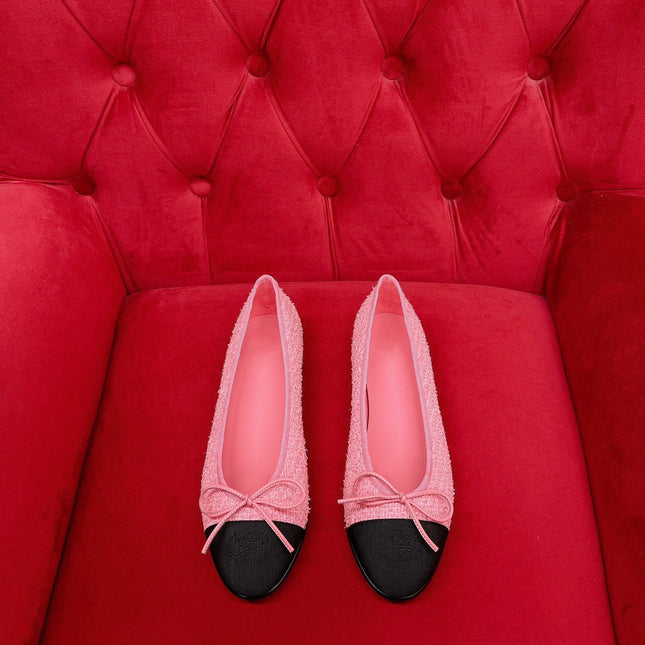 ballet flat pink black tweed grosgrain