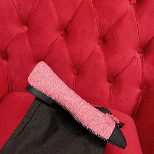 ballet flat pink black tweed grosgrain