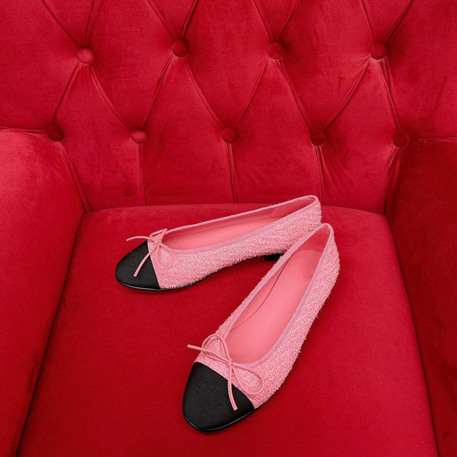 ballet flat pink black tweed grosgrain