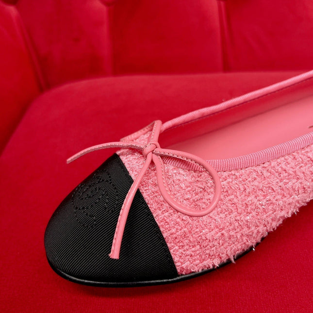 ballet flat pink black tweed grosgrain