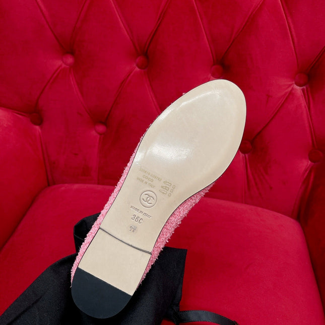 ballet flat pink black tweed grosgrain