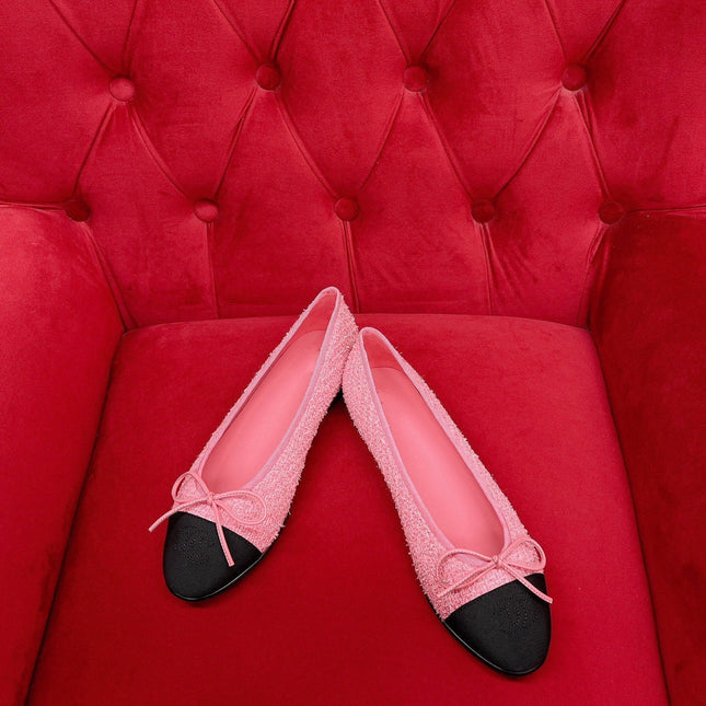 ballet flat pink black tweed grosgrain