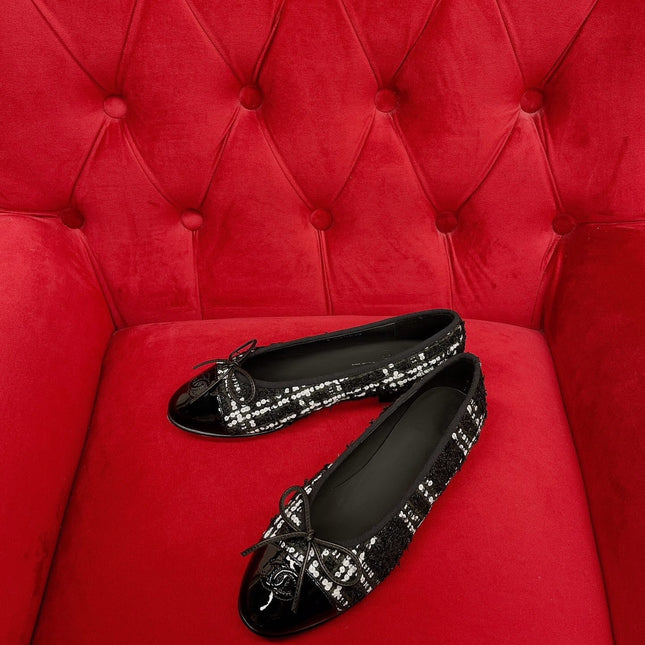 ballet flat black white tweed lambskin