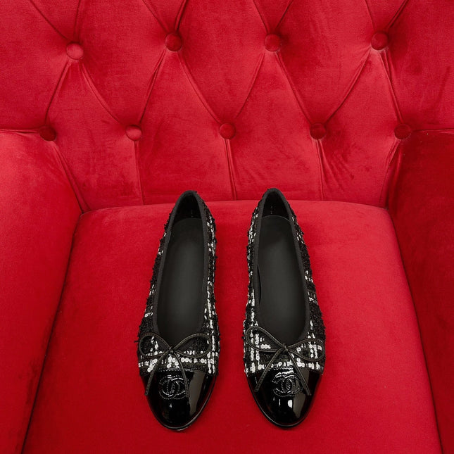 ballet flat black white tweed lambskin
