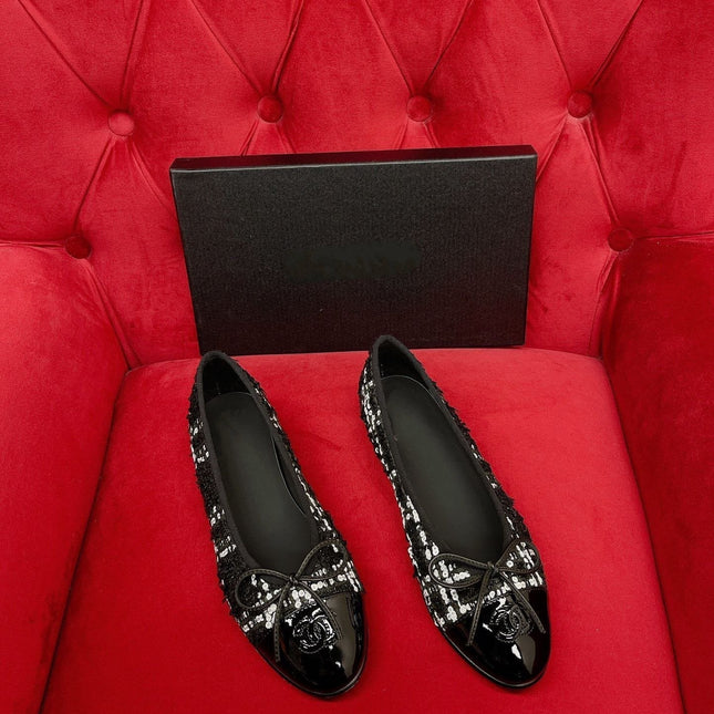 ballet flat black white tweed lambskin