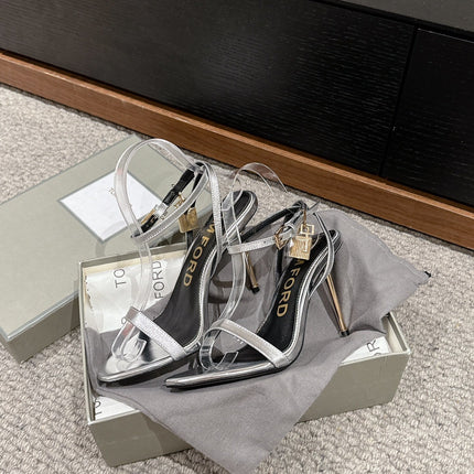 PADLOCK POINTY NAKED SANDAL 85 MM IN SILVER CALFSKIN