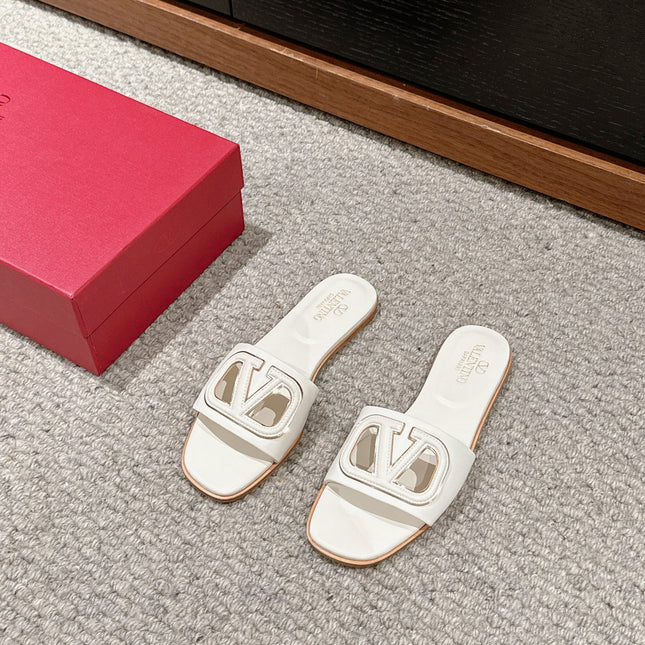 VLOGO CUT-OUT WHITE CALFSKIN SLIDE SANDAL