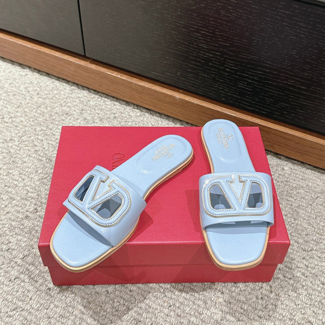 VLOGO CUT-OUT LIGHT BLUE CALFSKIN SLIDE SANDAL