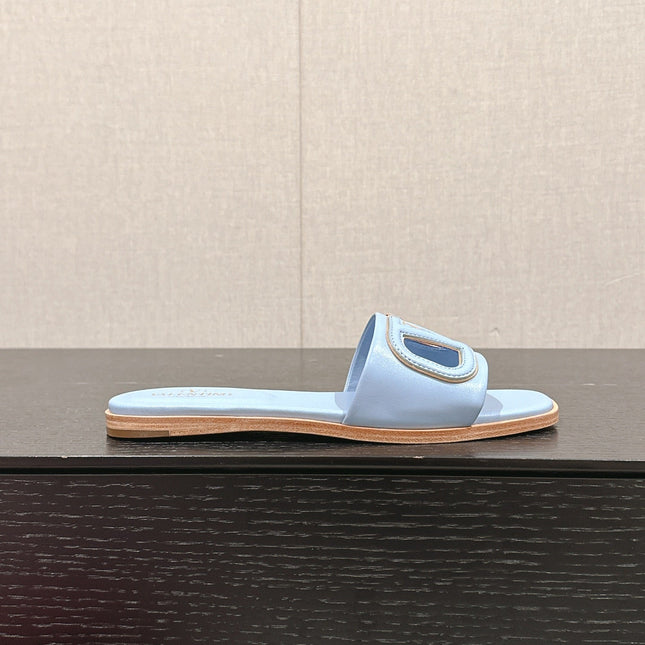 VLOGO CUT-OUT LIGHT BLUE CALFSKIN SLIDE SANDAL