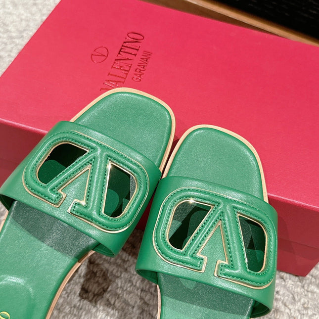 VLOGO CUT-OUT EMERALD GREEN CALFSKIN SLIDE SANDAL