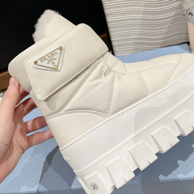 MONOLITH ANKLE BOOTS WITH STRAP IN RICE WHITE CALFSKIN AND FLEECE LINING