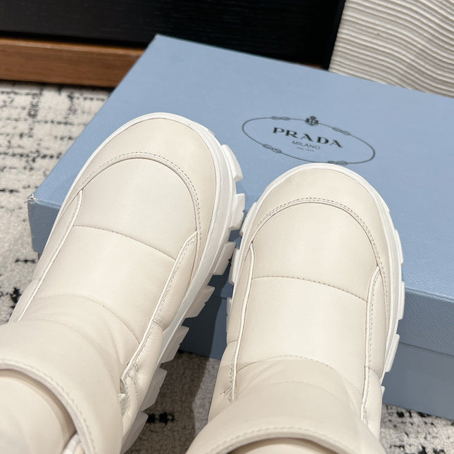 MONOLITH ANKLE BOOTS WITH STRAP IN RICE WHITE CALFSKIN AND FLEECE LINING