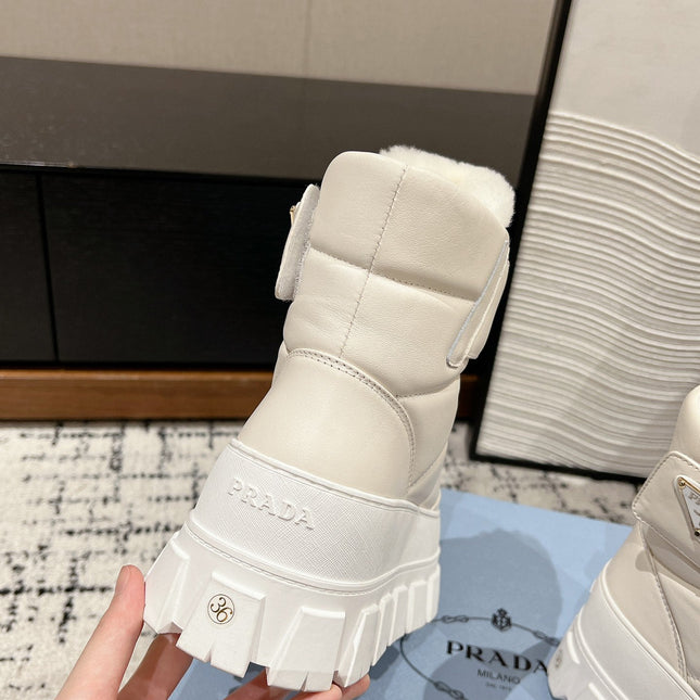 MONOLITH ANKLE BOOTS WITH STRAP IN RICE WHITE CALFSKIN AND FLEECE LINING