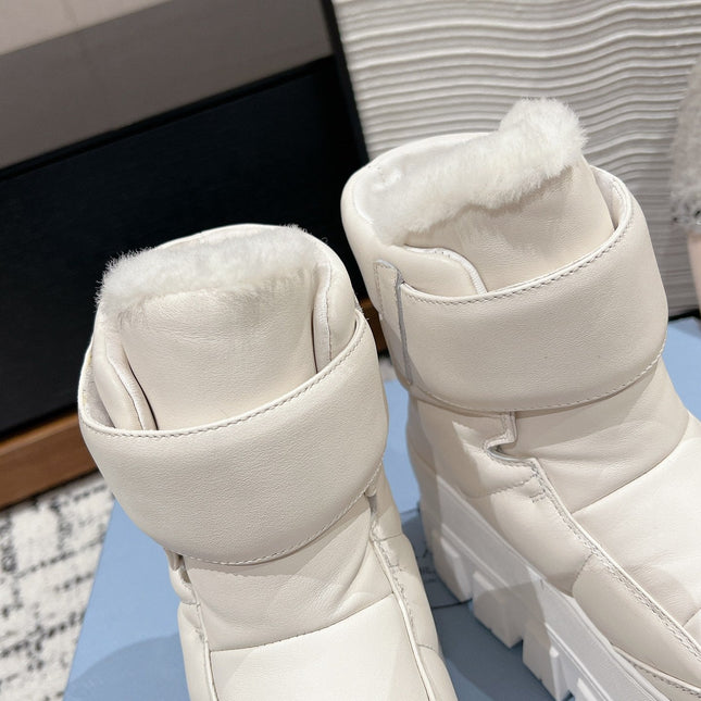 MONOLITH ANKLE BOOTS WITH STRAP IN RICE WHITE CALFSKIN AND FLEECE LINING