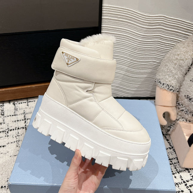 MONOLITH ANKLE BOOTS WITH STRAP IN RICE WHITE CALFSKIN AND FLEECE LINING