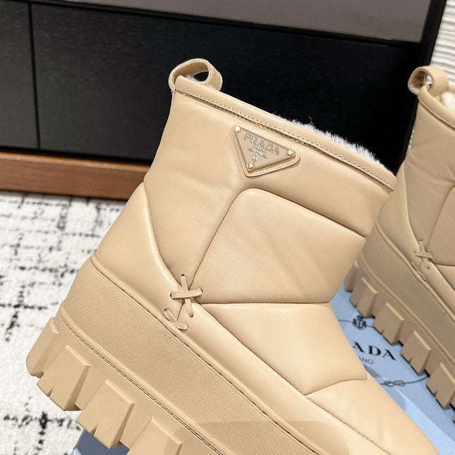 MONOLITH ANKLE BOOTS WITH STRAP IN BUFF BEIGE CALFSKIN AND FLEECE LINING