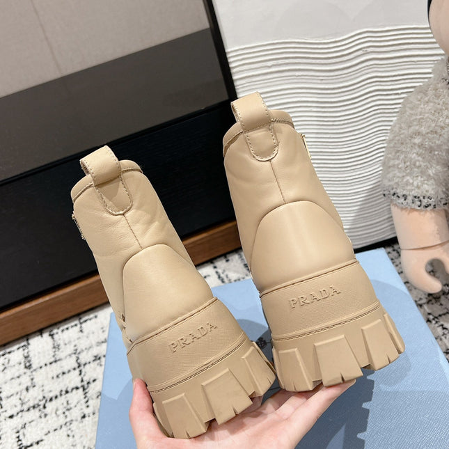 MONOLITH ANKLE BOOTS WITH STRAP IN BUFF BEIGE CALFSKIN AND FLEECE LINING