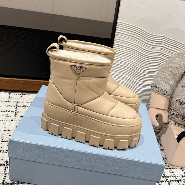 MONOLITH ANKLE BOOTS WITH STRAP IN BUFF BEIGE CALFSKIN AND FLEECE LINING