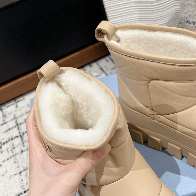 MONOLITH ANKLE BOOTS WITH STRAP IN BUFF BEIGE CALFSKIN AND FLEECE LINING