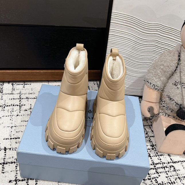 MONOLITH ANKLE BOOTS WITH STRAP IN BUFF BEIGE CALFSKIN AND FLEECE LINING