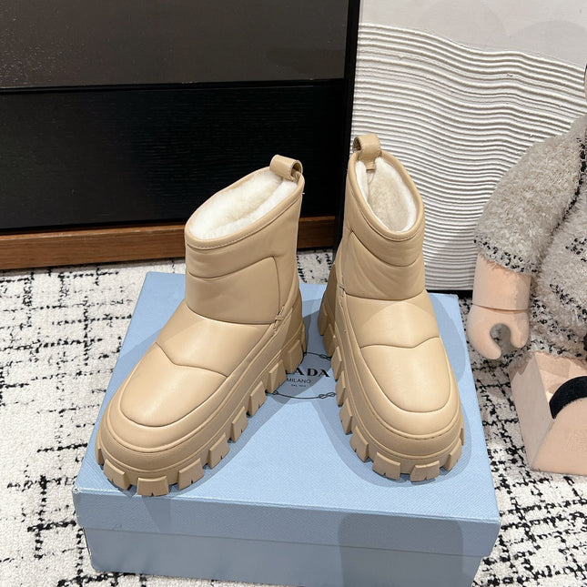 MONOLITH ANKLE BOOTS WITH STRAP IN BUFF BEIGE CALFSKIN AND FLEECE LINING