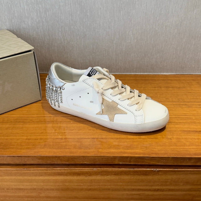 BALL STAR SNEAKERS WITH CRYSTAL TASSEL BEIGE SUEDE STAR WHITE CALFSKIN UPPER