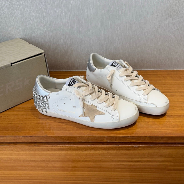 BALL STAR SNEAKERS WITH CRYSTAL TASSEL BEIGE SUEDE STAR WHITE CALFSKIN UPPER