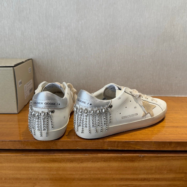 BALL STAR SNEAKERS WITH CRYSTAL TASSEL BEIGE SUEDE STAR WHITE CALFSKIN UPPER