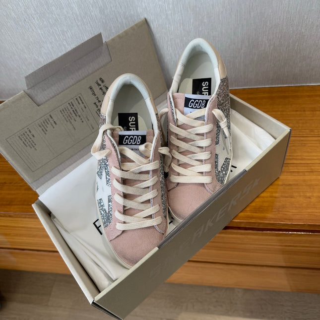 BALL STAR SNEAKERS WHITE CALFSKIN STAR PINK SUEDE SILVER GLITTER UPPER
