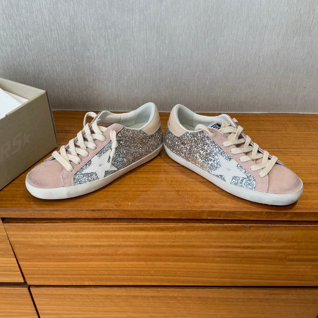 BALL STAR SNEAKERS WHITE CALFSKIN STAR PINK SUEDE SILVER GLITTER UPPER