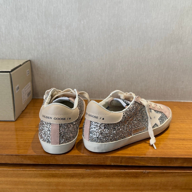 BALL STAR SNEAKERS WHITE CALFSKIN STAR PINK SUEDE SILVER GLITTER UPPER