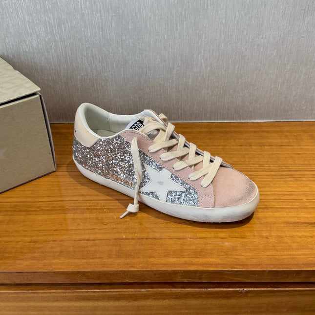 BALL STAR SNEAKERS WHITE CALFSKIN STAR PINK SUEDE SILVER GLITTER UPPER