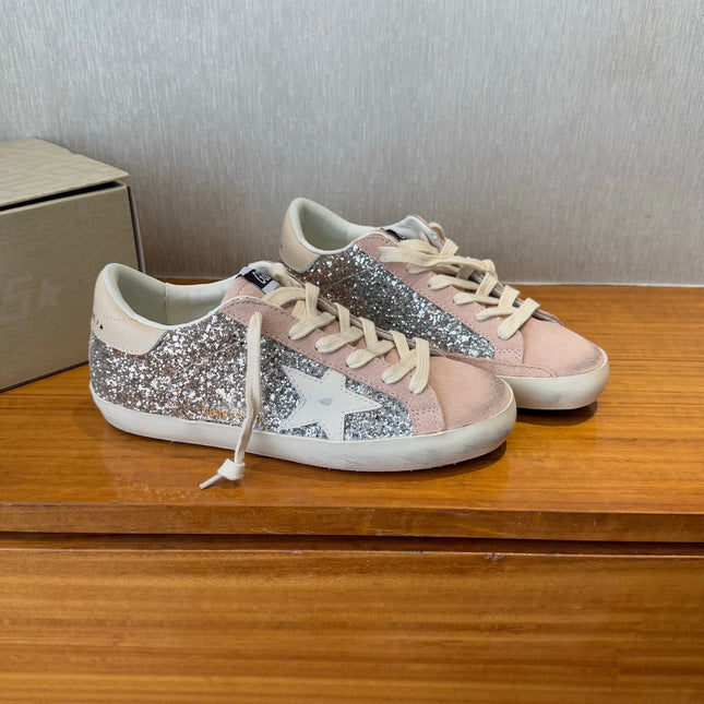 BALL STAR SNEAKERS WHITE CALFSKIN STAR PINK SUEDE SILVER GLITTER UPPER