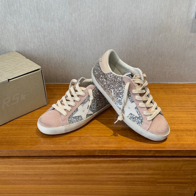 BALL STAR SNEAKERS WHITE CALFSKIN STAR PINK SUEDE SILVER GLITTER UPPER