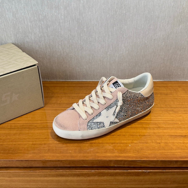 BALL STAR SNEAKERS WHITE CALFSKIN STAR PINK SUEDE SILVER GLITTER UPPER