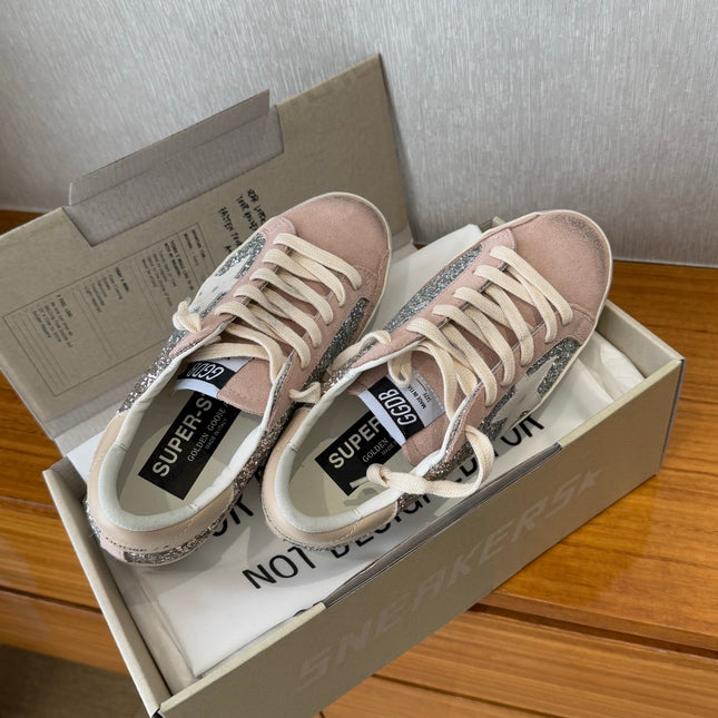 BALL STAR SNEAKERS WHITE CALFSKIN STAR PINK SUEDE SILVER GLITTER UPPER