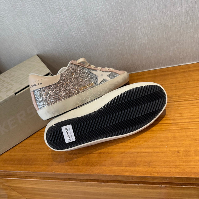 BALL STAR SNEAKERS WHITE CALFSKIN STAR PINK SUEDE SILVER GLITTER UPPER