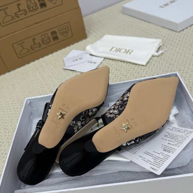 DIOR HIGH SLINGBACK 65 MM 25S IN BLACK FABRIC AND FLORAL PATTERN