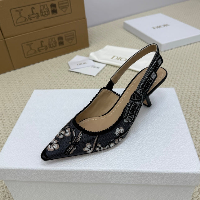 DIOR HIGH SLINGBACK 65 MM 25S IN BLACK FABRIC AND FLORAL PATTERN
