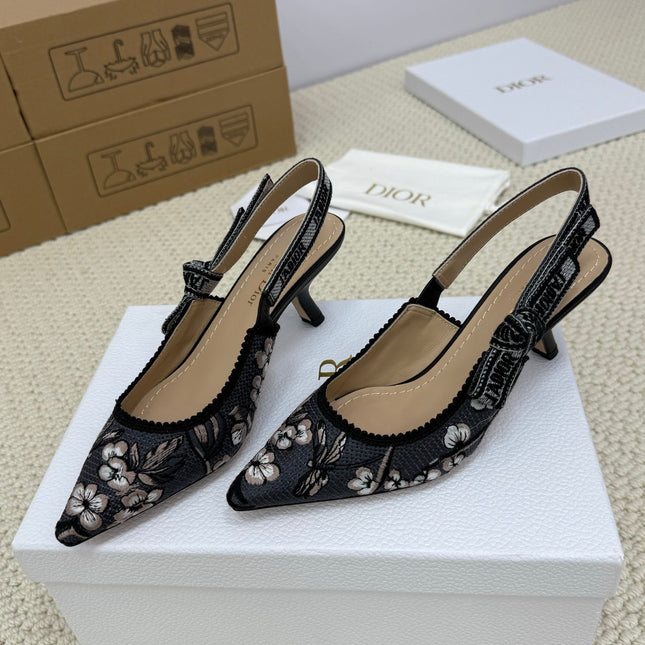 DIOR HIGH SLINGBACK 65 MM 25S IN BLACK FABRIC AND FLORAL PATTERN