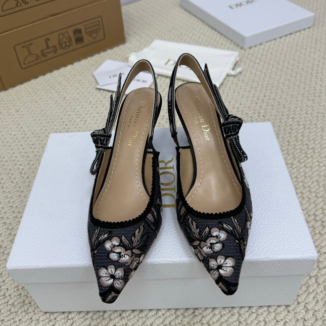 DIOR HIGH SLINGBACK 65 MM 25S IN BLACK FABRIC AND FLORAL PATTERN